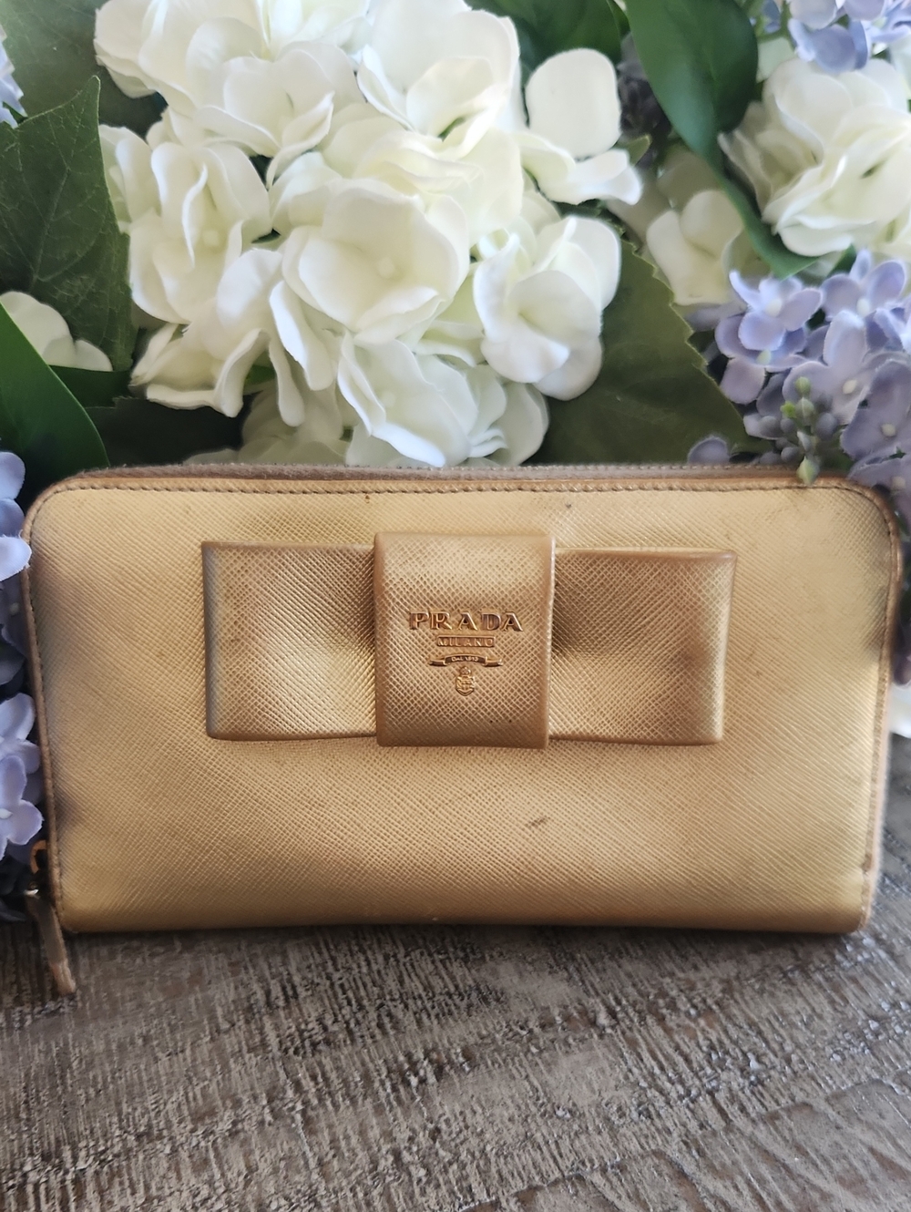 Prada Metallic Gold Bow Zip-Around Wallet